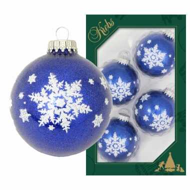 12x luxe blauwe glazen kerstballen glitter met witte kerst sneeuwvlok 7 cm