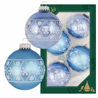 12x luxe blauwe glazen kerstballen met witte kerst sneeuwvlokken 7 cm