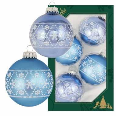 16x luxe blauwe glazen kerstballen met witte kerst sneeuwvlokken 7 cm