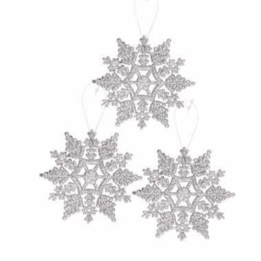 3x kerstboom decoratie zilveren glitter kerst sneeuwvlok 10 cm type 2