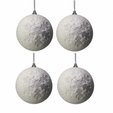 4x witte kunststof kerstballen met kerst sneeuwvlokken 10 cm
