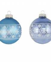 8x luxe blauwe glazen kerstballen met witte kerst sneeuwvlokken 7 cm